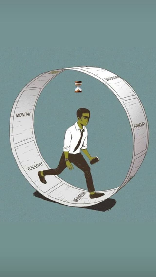 Illustration d'une personne marchant en boucle dans une roue formée des jours de la semaine, évoquant les schémas répétitifs