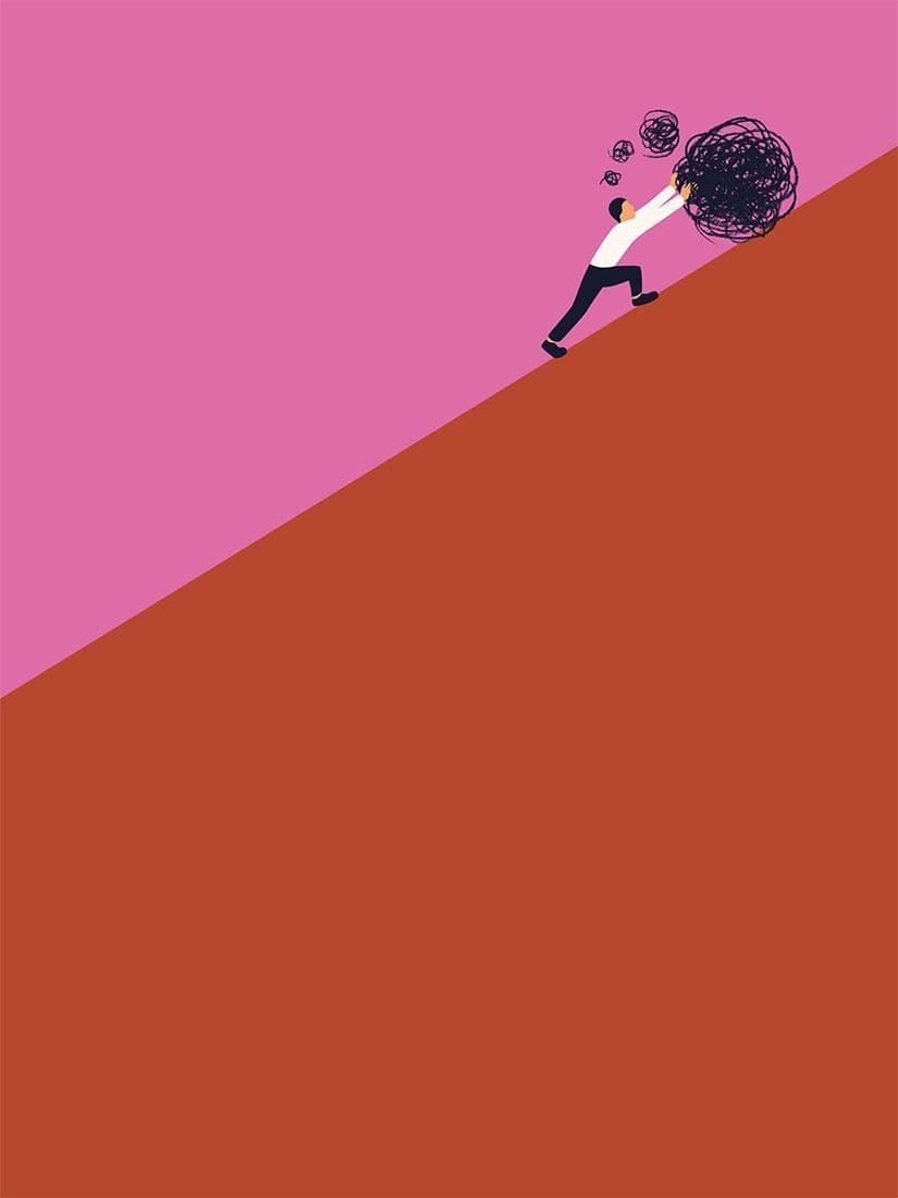 Illustration d'une personne poussant une masse emmêlée en haut d'une pente