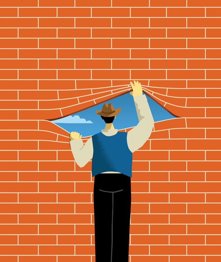Illustration d'une personne soulevant un pan de mur de briques pour découvrir le ciel, évoquant le passage à l'action