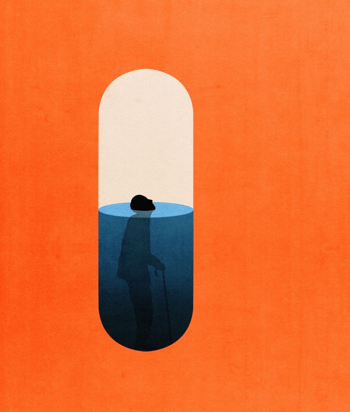 Illustration d'une silhouette submergée à l'intérieur d'une gélule, évoquant la dépendance