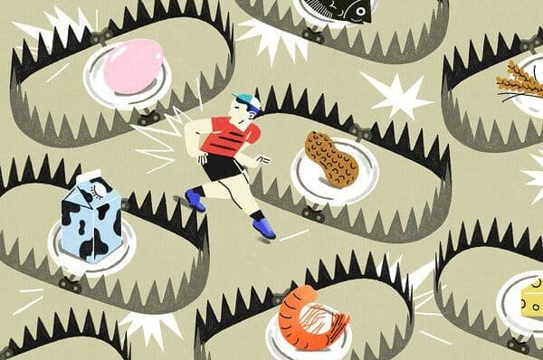 Illustration d'une personne courant entre des aliments allergènes posés sur des pièges, évoquant les allergies